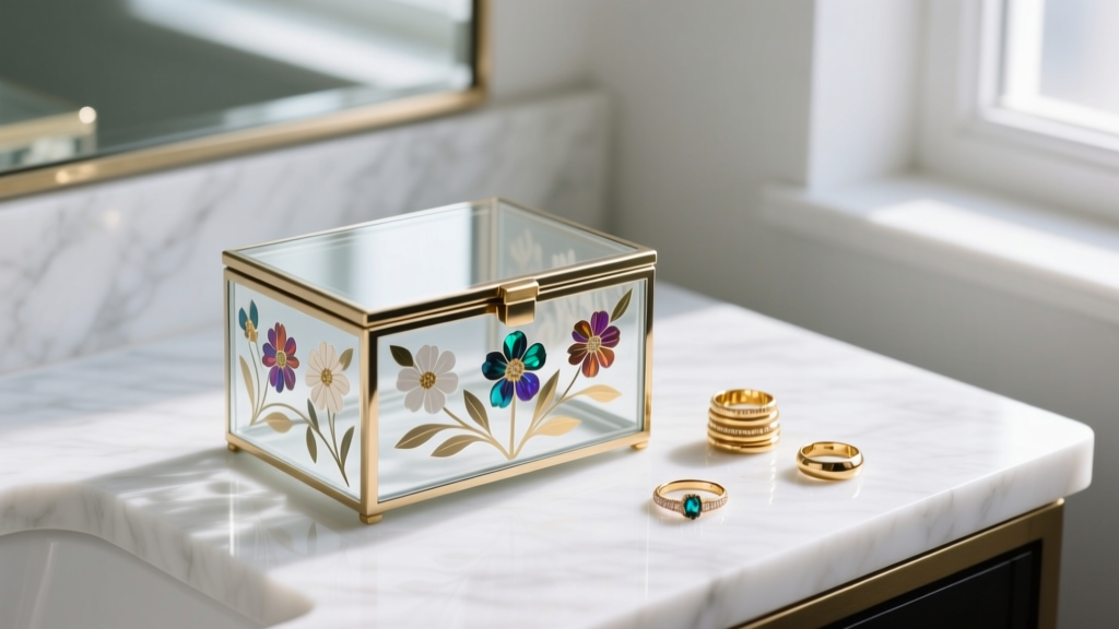 Clear glass decoupage jewelry box with reversed floral paper underneath, resting on a marble vanity next to delicate gold rings.
