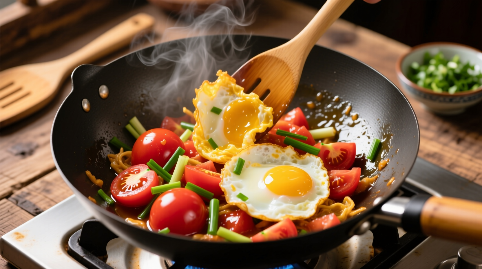 Chinese tomato egg stir-fry in wok with fresh ingredients