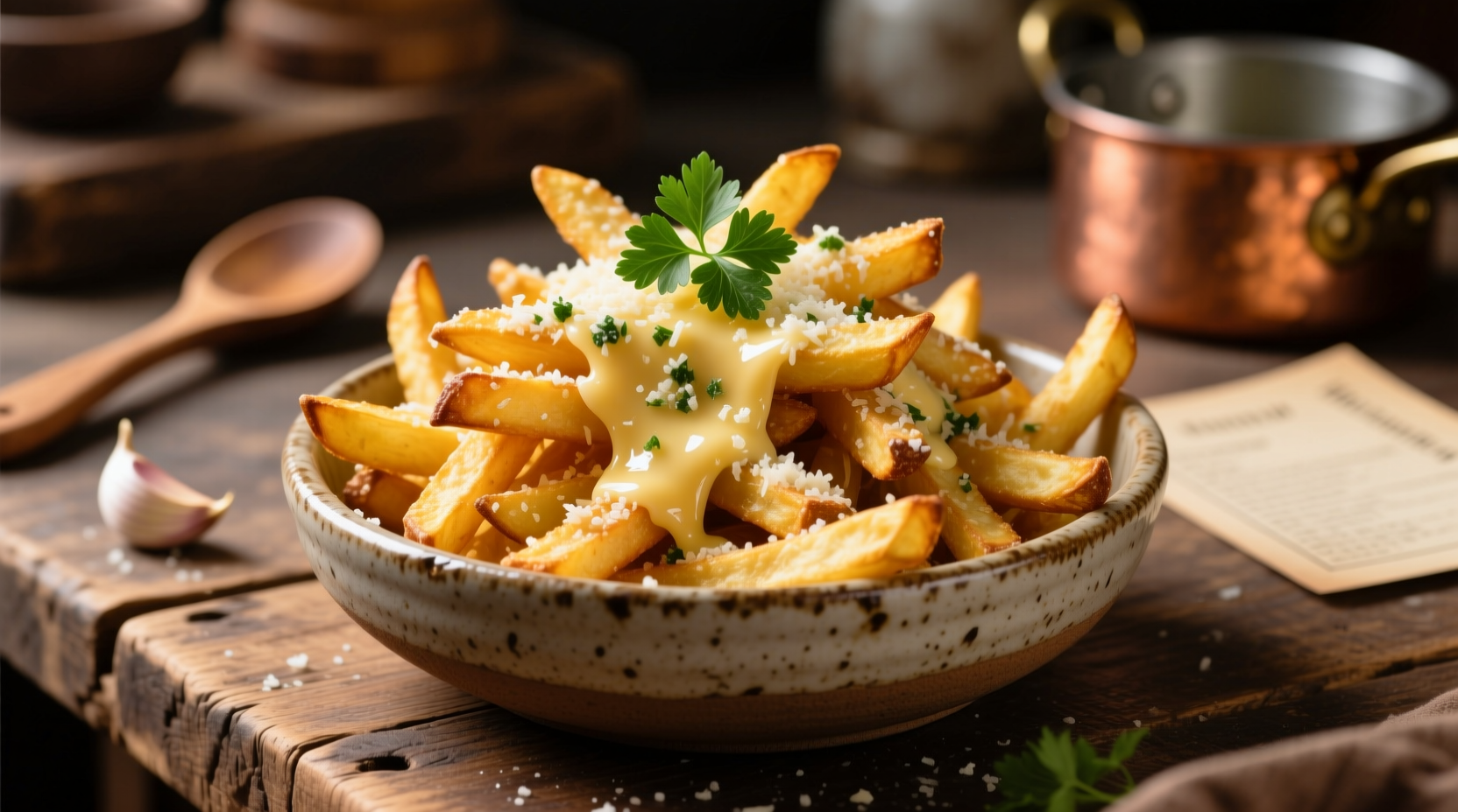 Golden garlic parmesan fries in a rustic bowl