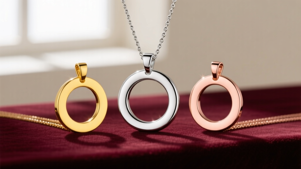 Three interlocking circle pendants on velvet: one in platinum, one in warm 18k yellow gold, and one in polished rose gold metal.