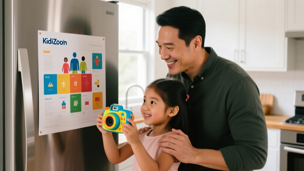 Father and daughter looking at a printed family media plan chart on the refrigerator while holding a VTech KidiZoom camera
