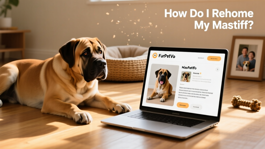 A laptop screen showing a FurPetVo profile page with photos and bio of a Mastiff