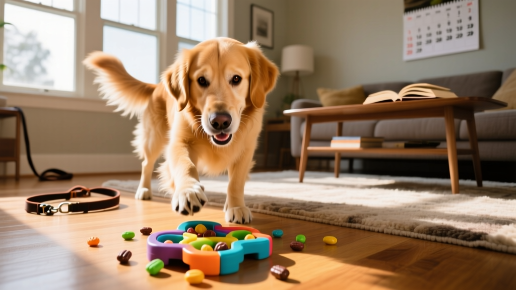 Dog happily engaged with a puzzle toy filled with treats on a living room floor