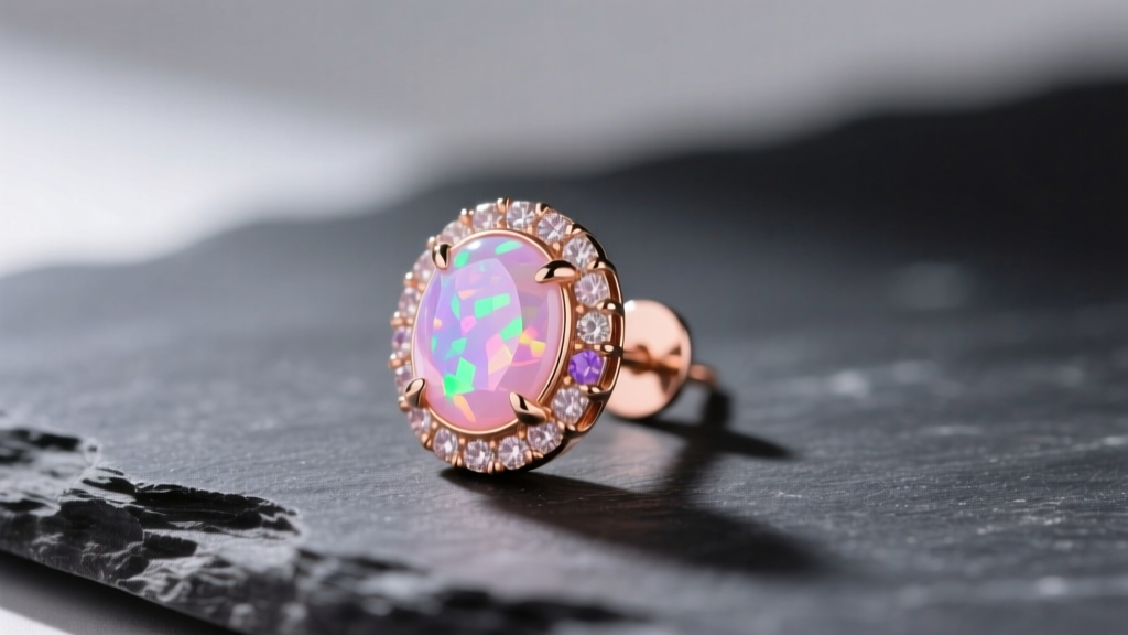 Bezel-set Peruvian pink opal stud earring in 14k rose gold on dark slate, soft lighting highlighting the pastel hue