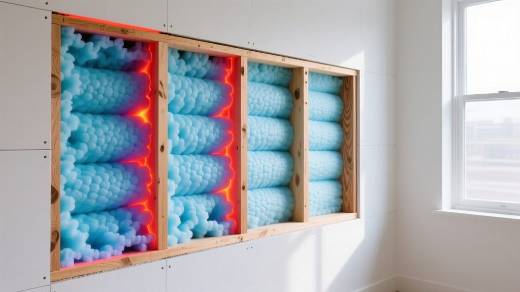 Wall cavity cross-section showing closed-cell spray foam and thermal imaging overlay highlighting wooden stud thermal bridges