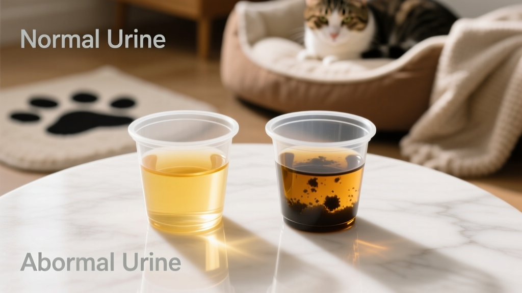 Side-by-side comparison of normal pale yellow cat urine and abnormal dark or cloudy urine samples in clean collection cups