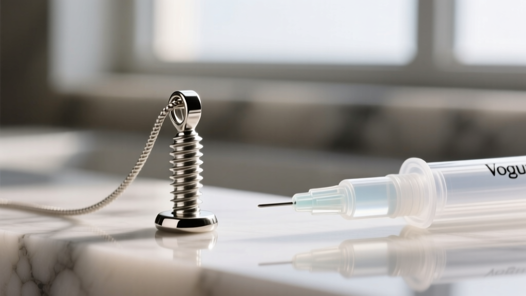 Macro view of a threaded screw cap on a steel cremation pendant beside a precision applicator with clear adhesive.