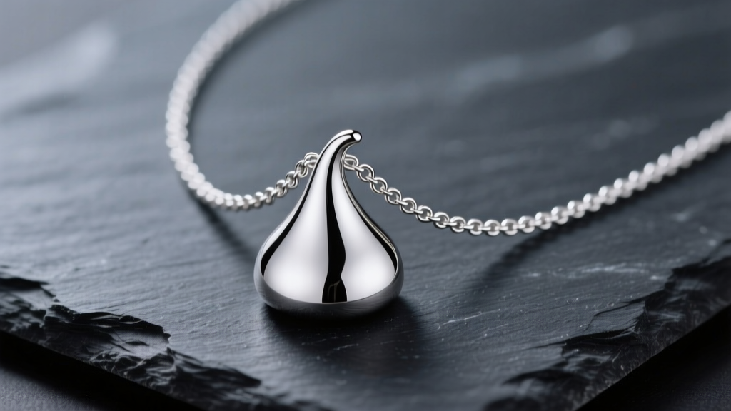 Sterling silver Hershey kiss necklace on dark slate, showing the smooth teardrop pendant shape and a delicate silver cable chain.