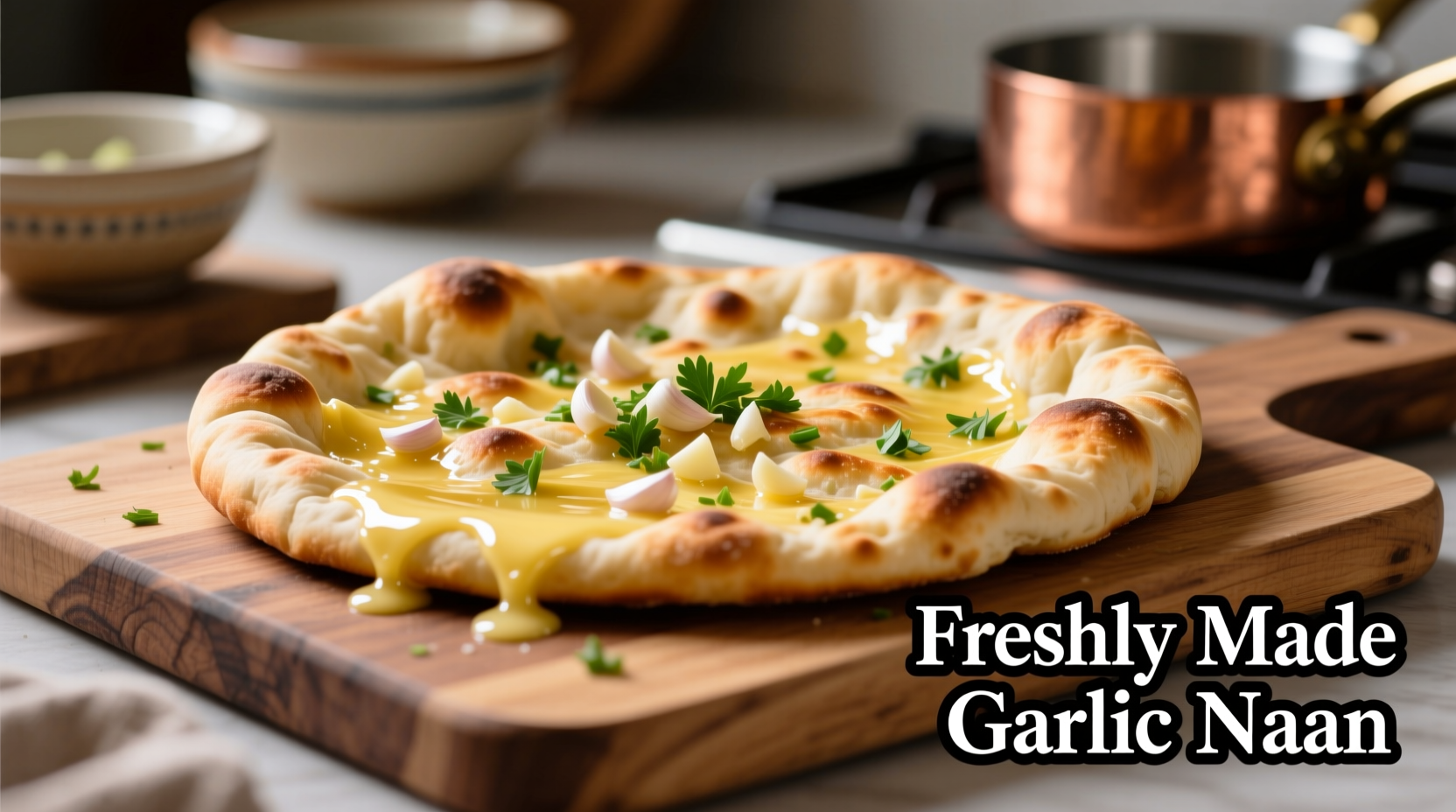 Freshly made garlic naan bread brushed with garlic butter