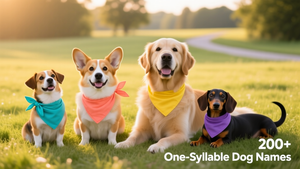 A diverse group of dogs—small, medium, and large—sitting together on a sunlit grassy field, all wearing colorful bandanas