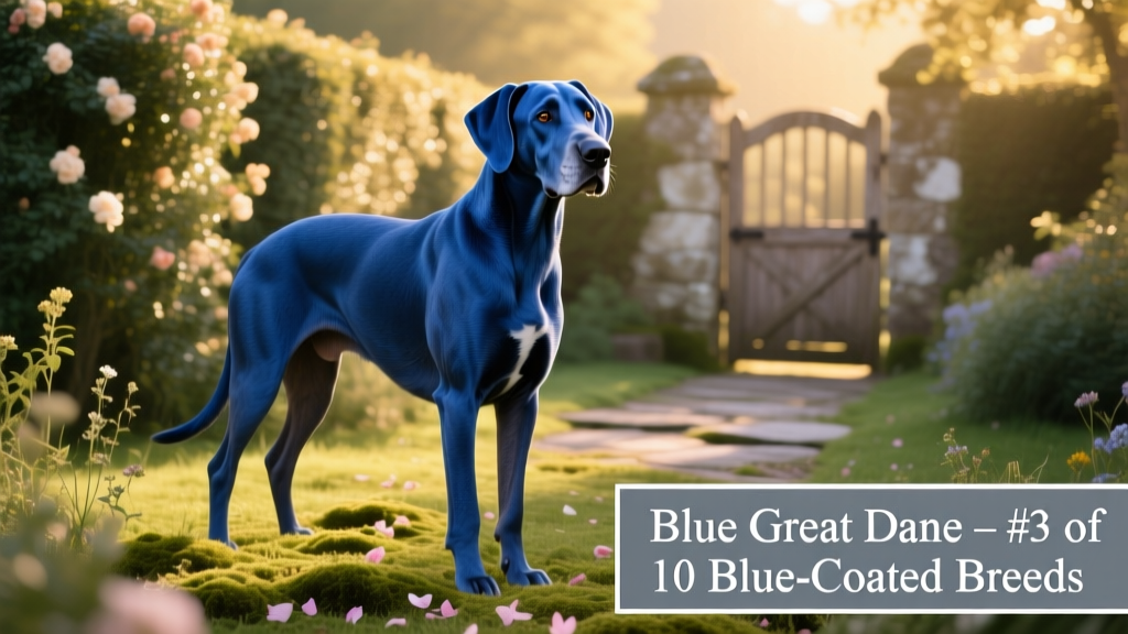A majestic blue Great Dane standing calmly in a sunlit garden