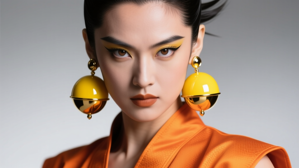 Yellow dome Potara earrings worn by a cosplayer in an orange gi, soft studio lighting highlighting the smooth metallic finish.