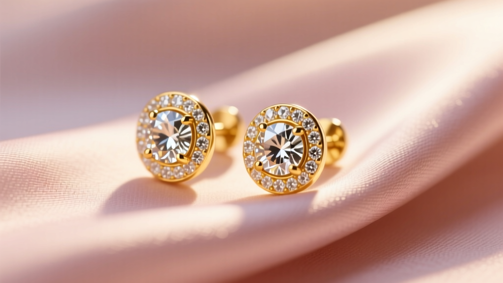 Macro shot of 18k yellow gold bezel-set diamond stud earrings resting on soft blush silk, illuminated by warm morning light