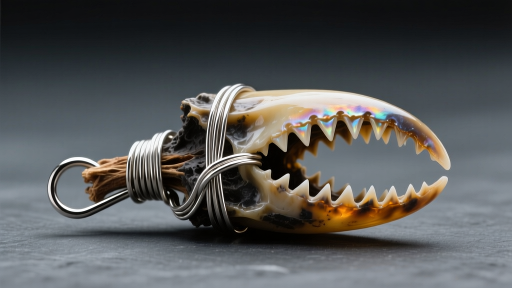 Close-up of a polished megalodon fossil tooth wrapped in 20-gauge silver wire on a titanium leverback hook against dark slate.