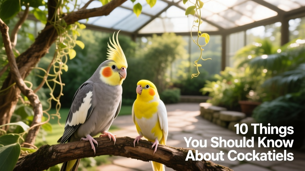 Cockatiel perched peacefully beside a budgie in a large, sunlit outdoor aviary with greenery and natural branches