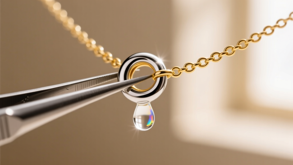Macro view of a silver glue-on bail aligned onto a gold bubble necklace loop using precision tweezers and clear jewelry adhesive.