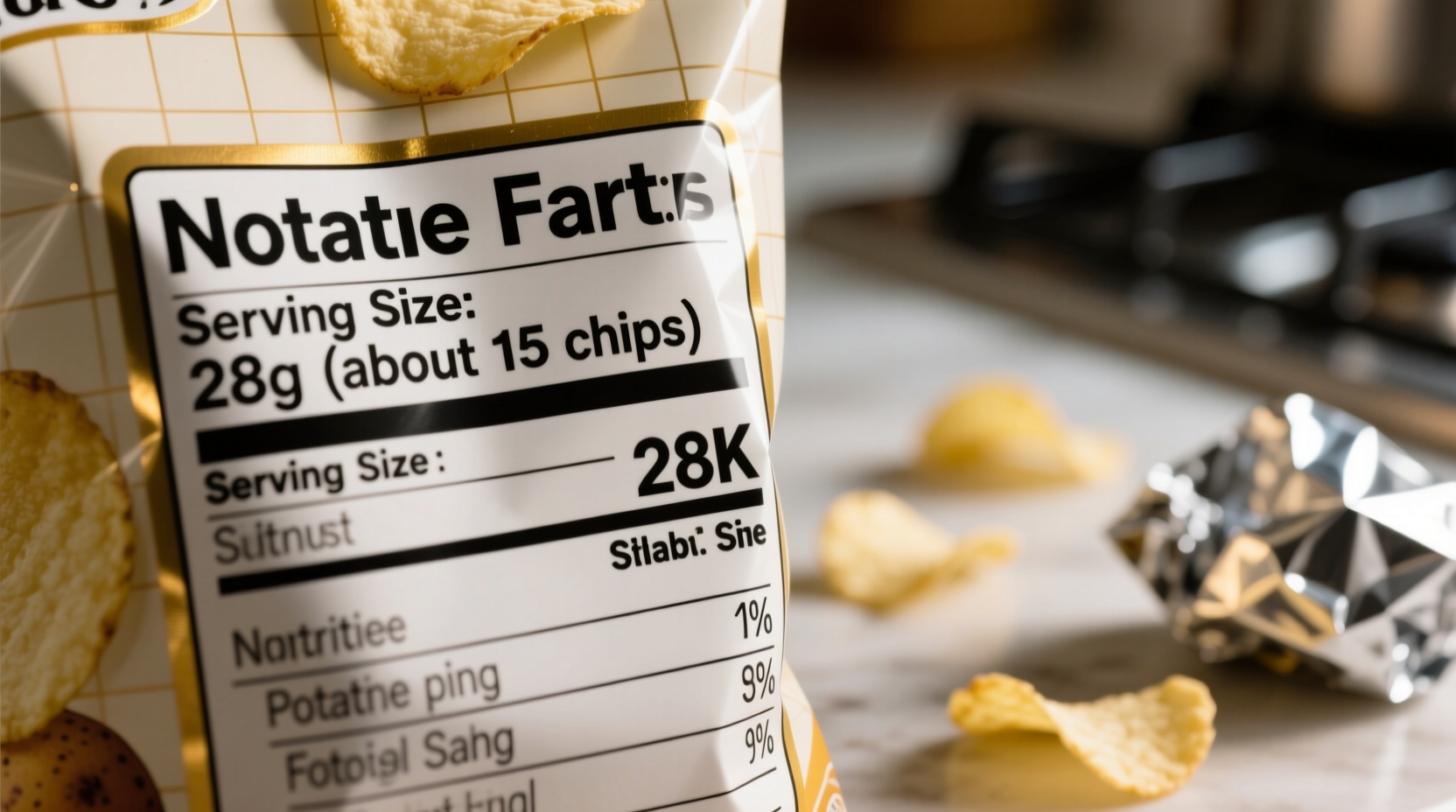 Close-up of potato chip nutrition label showing serving size details