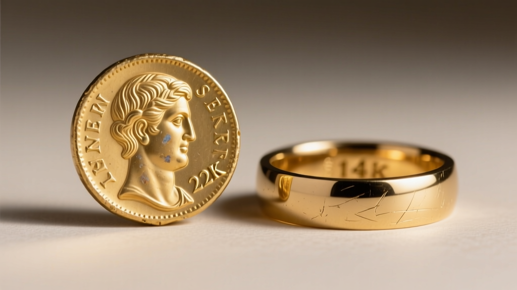 Close-up of a soft 22k gold Roman coin replica next to a hard 14k gold band, highlighting surface scratch resistance differences.