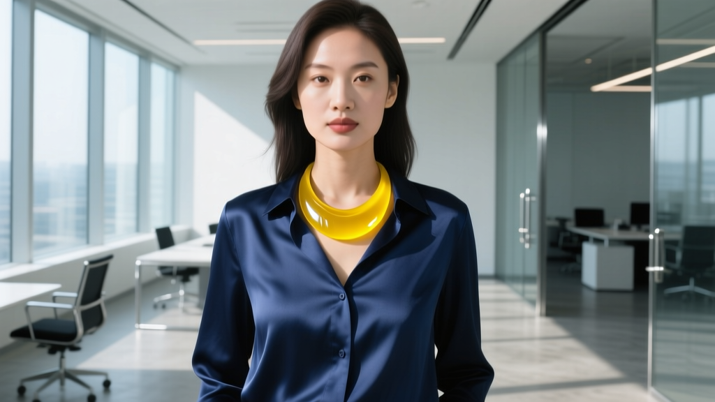 Woman wearing a bold yellow resin pendant necklace over a navy silk button-down shirt in a sunlit modern office space
