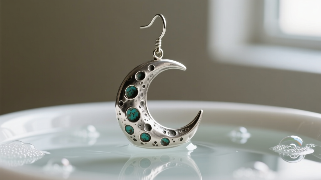 Soft toothbrush cleaning recessed craters of an oxidized silver moon dangle earring submerged in a shallow soapy jewelry bath