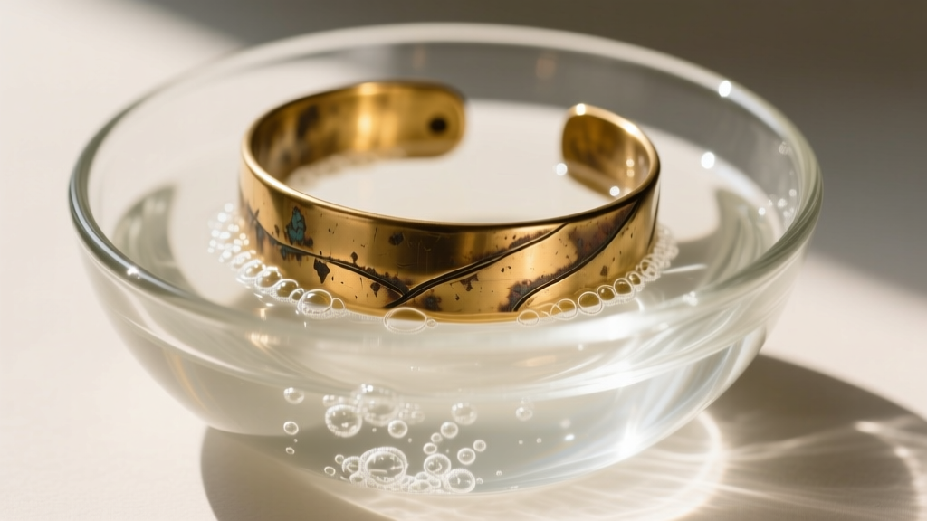 Close-up of a tarnished solid brass cuff bracelet submerged in a glass bowl of clear white vinegar under bright natural lighting