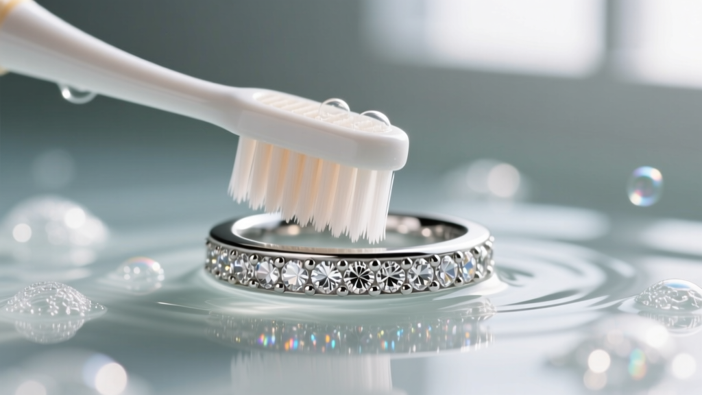 Soft toothbrush gently scrubbing the intricate pavé diamond setting of a platinum engagement ring submerged in mild soapy water.