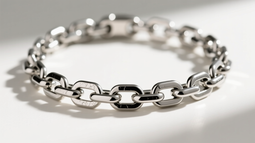 Macro photography of a 316L surgical steel teen chain necklace showing the precise link joints and high-polish mirror finish.