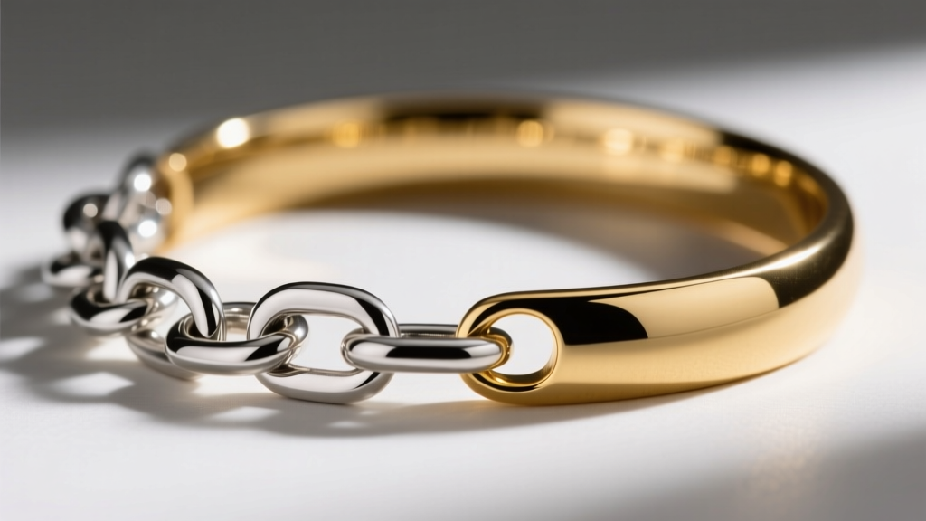 Macro shot of a kinked silver omega chain beside a smooth 14k gold collar, highlighting metal rigidity and bright reflections.