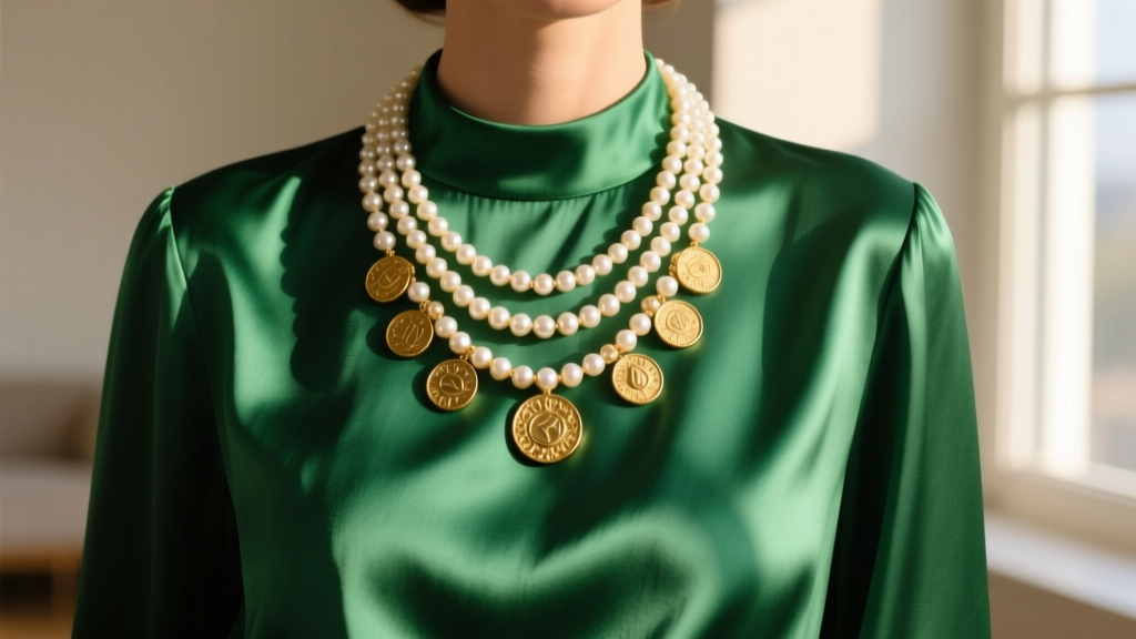 Layered roman pearl necklace with gold coin motifs on an emerald green silk square-neck blouse, lit by warm natural sunlight