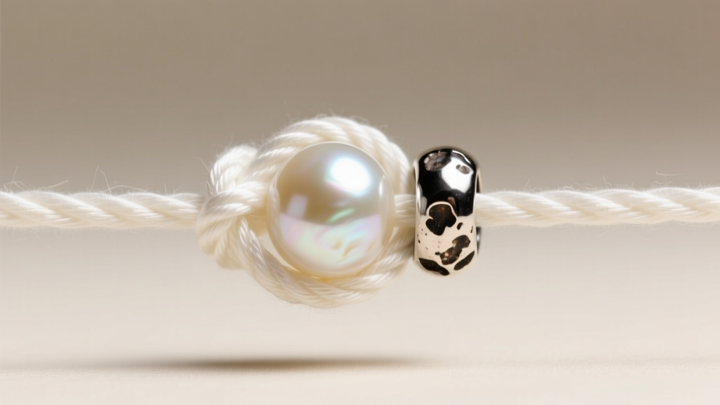 Close-up of knotted white silk thread passing through a drilled freshwater pearl and an oxidized sterling silver bead spacer.