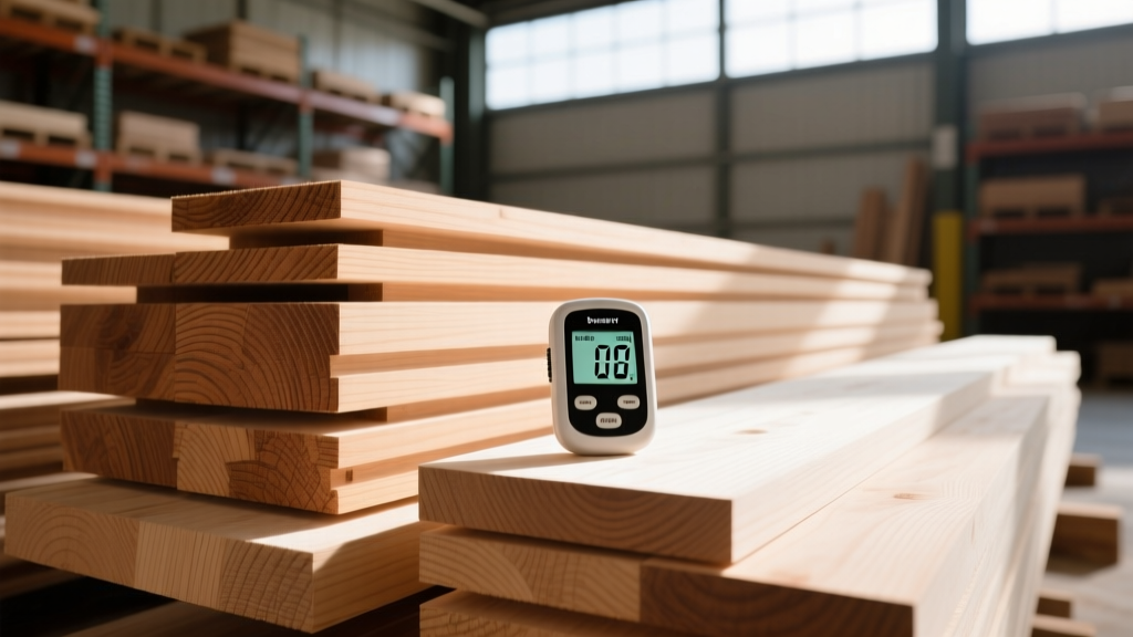 Douglas Fir and SPF lumber stacked in a warehouse beside a digital moisture meter resting on unfinished White Oak blanks