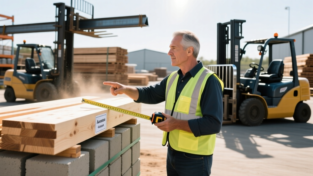 Contractor reviewing lumber grades and masonry blocks at a busy regional building supply yard with forklifts in the background