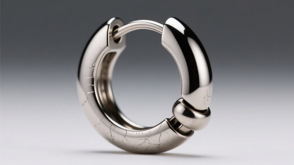 Macro shot of a 16-gauge titanium hinged segment hoop earring clicking shut, illuminated by soft, directional studio lighting