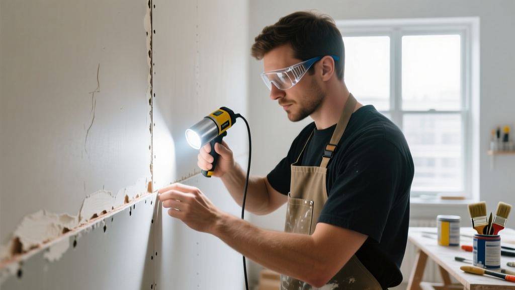 Painter holding an LED work light to inspect a repaired drywall seam for joint banding and flashing defects before applying primer.