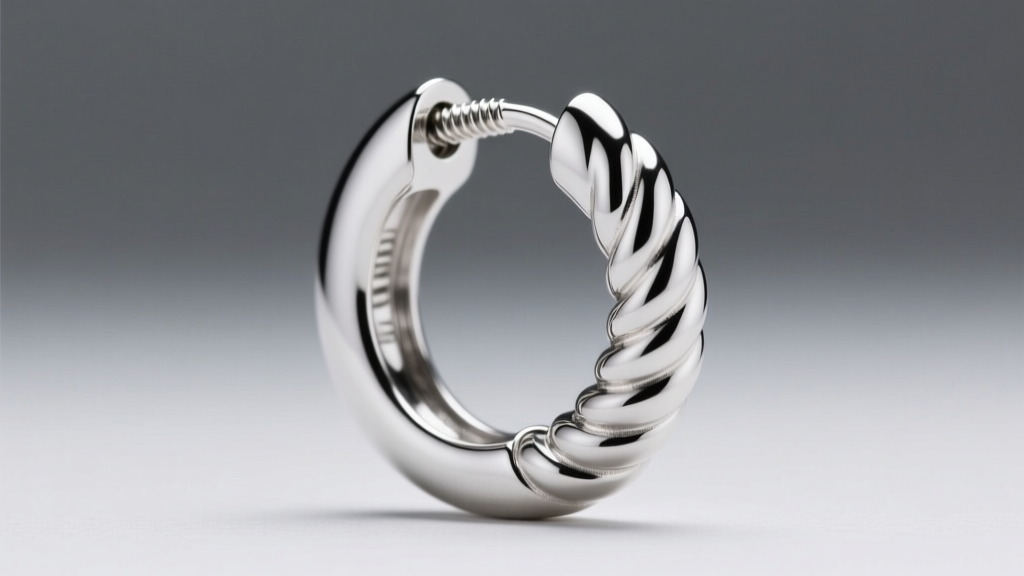 Macro shot of sterling silver hoop earring with threaded screw-back clasp, showing precision machined threading in soft studio light