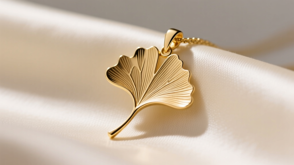 Close-up of a 14k gold ginkgo leaf necklace on cream silk, soft light highlighting the finely engraved metal veins of the pendant