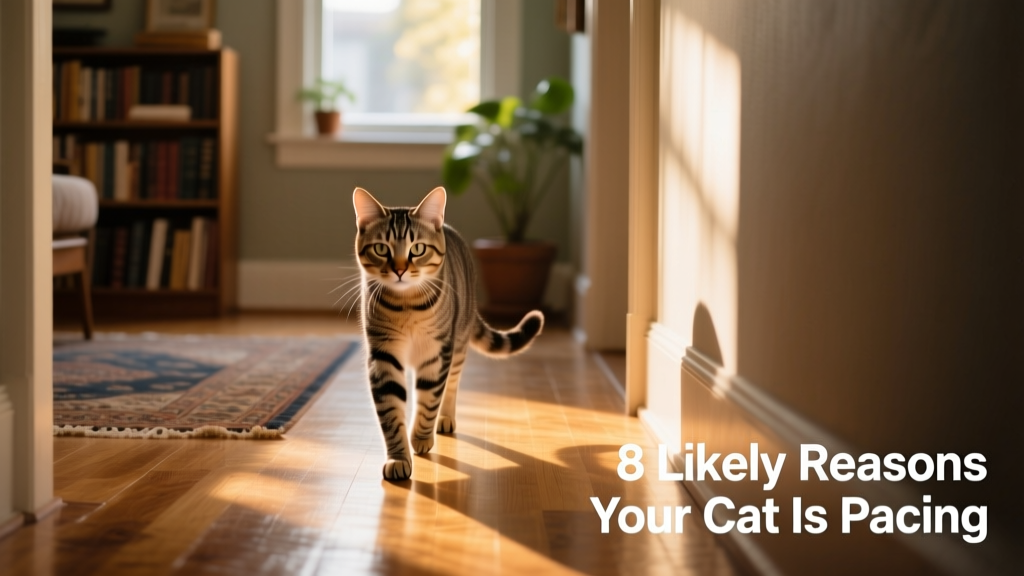 Cat pacing slowly along a hallway, ears slightly forward, tail low but not tucked