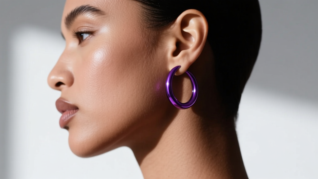 Model side profile wearing a seamless 25mm niobium hoop earring in anodized purple, highlighting the smooth, gapless wire tip.