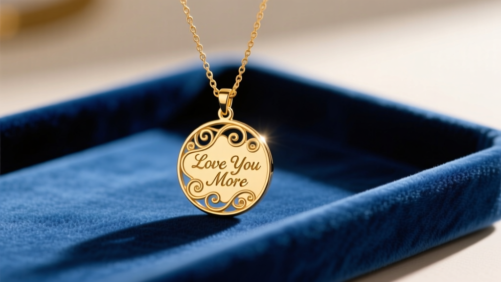 Close-up of a delicate 14k gold vermeil love you more necklace on a soft velvet tray, highlighting the intricate pendant engraving.