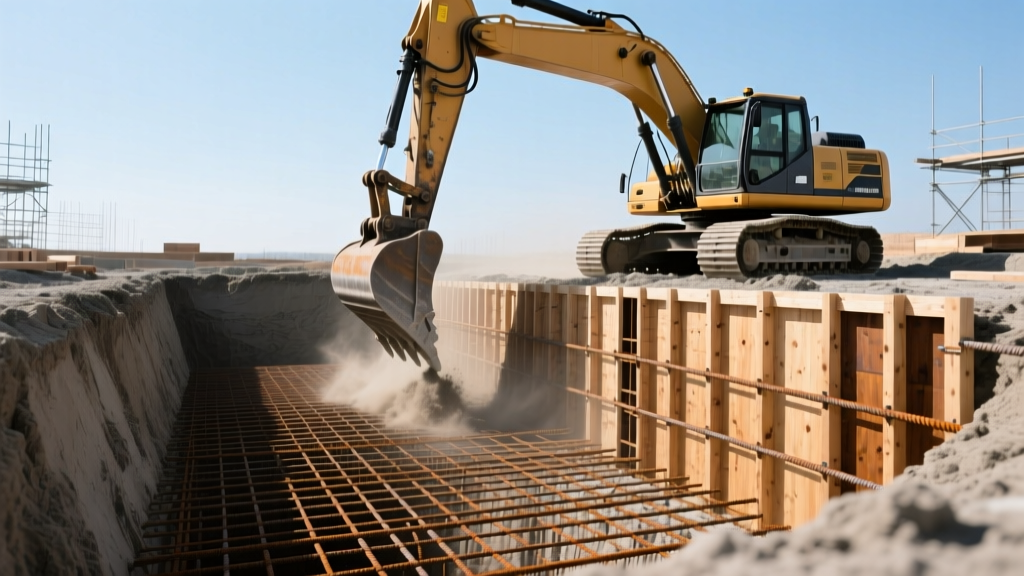 Heavy machinery excavating a deep rectangular pit with exposed rebar grid and wooden forms ready for a reinforced concrete bunker pour
