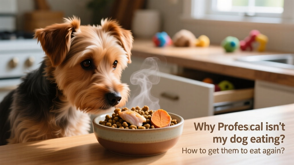 Close-up of a dog gently sniffing a bowl of fresh dog food, looking curious but hesitant