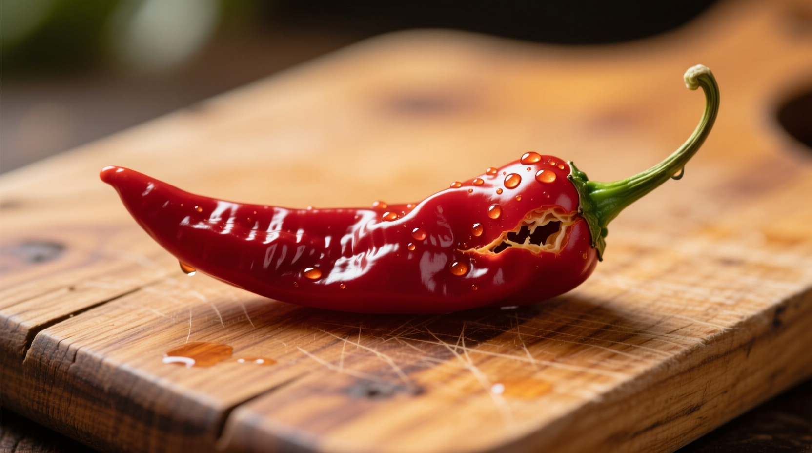 Close-up of Pepper X chili on wooden cutting board