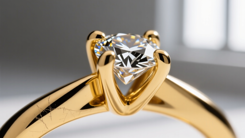 Macro view of a 14k yellow gold four-prong diamond setting, showing pristine metal edges and secure placement under a loupe.