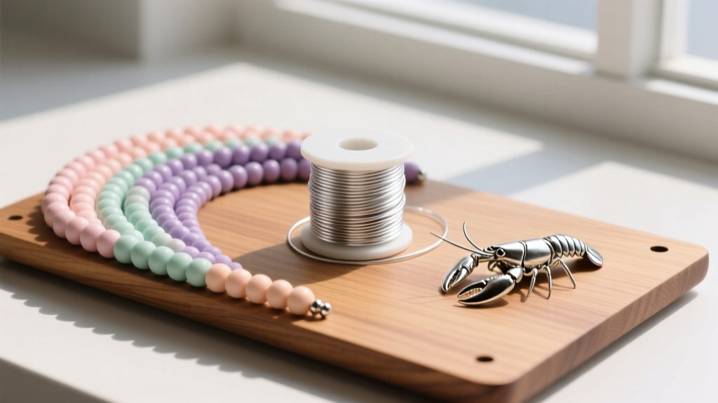 Wooden bead board holding a gradient of pastel clay beads, a spool of silver beading wire, and a small silver lobster clasp
