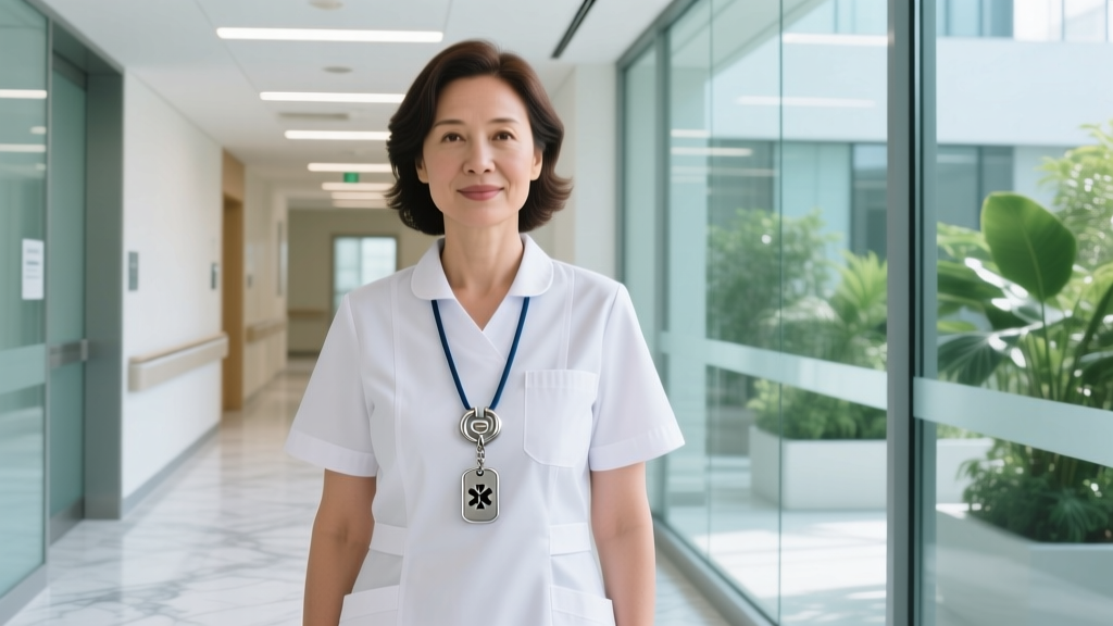 Nurse wearing a silicone breakaway emergency necklace with a steel medical ID pendant, standing in a brightly lit modern hospital.