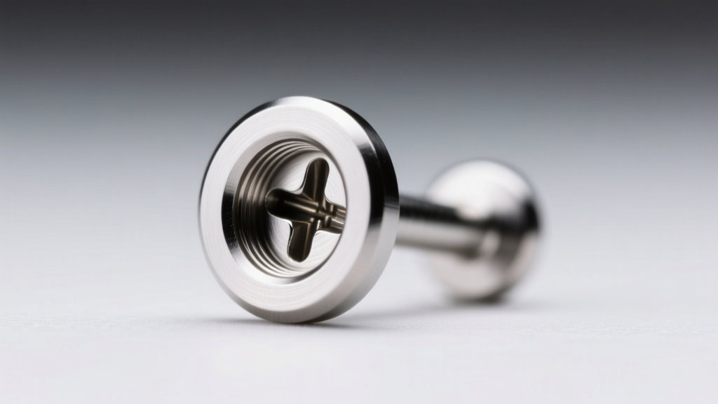 Macro photography of an internally threaded 16-gauge titanium cartilage flat-back stud, showing the screw mechanism clearly.