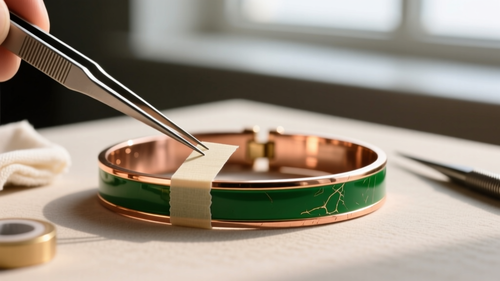 Tweezers applying tape to mask off green enamel sections before carefully polishing the exposed copper edges of a vintage bracelet.