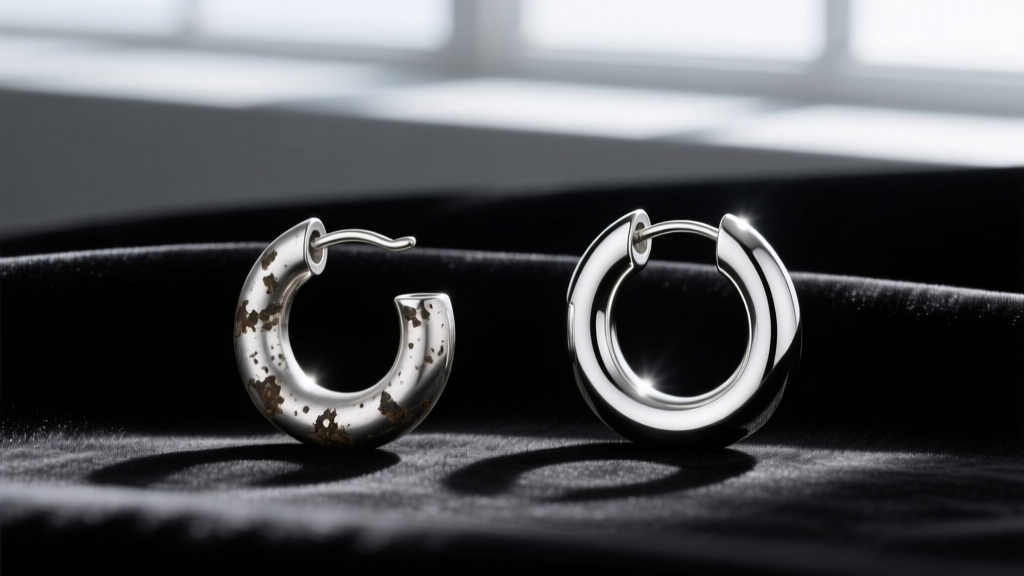 Tarnished sterling silver huggie on the left next to a polished silver huggie on the right, resting on dark black velvet fabric.