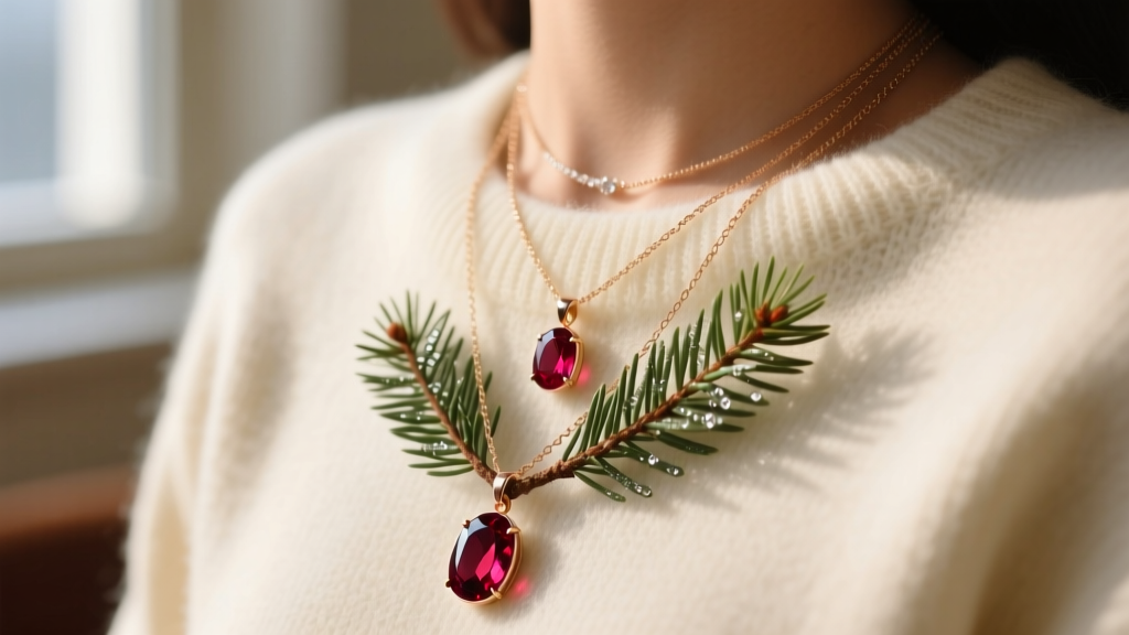 Layered necklaces with an evergreen sprig charm and ruby cabochon on a cream cashmere sweater, captured in soft natural daylight