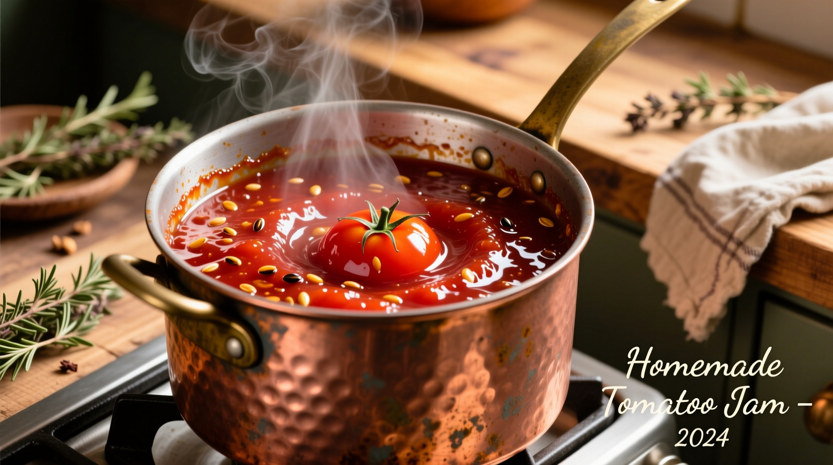 Tomato jam simmering in copper preserving pot